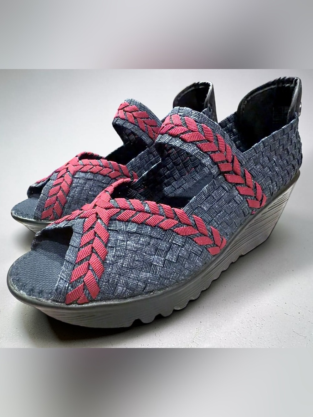 Bernie Mev Halle EU38 Woven Comfort Wedge Sandals Denim Blue Red Braided - Picture 6 of 12